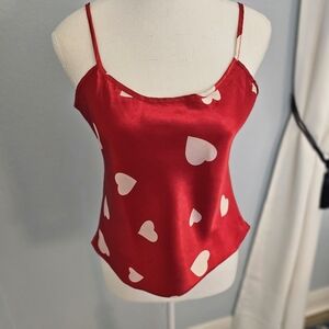 DIVA Red Silky Heart Print Cami Tank Top Y2K Size M